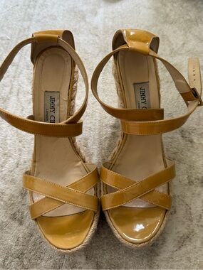 Jimmy Choo Glossy nude Patent Espadrille Wedge Sandals